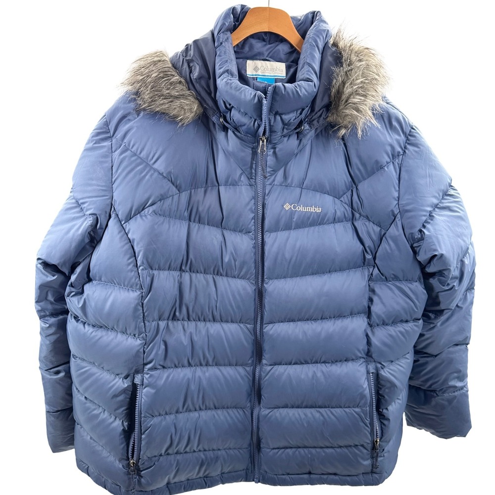 Columbia 550 Down Puffer Winter Jacket Womens 3X Blue Fur Hood Plus Size